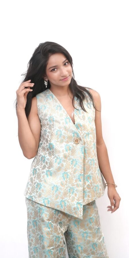 Women Blue and Golden Brocade Co-ord Set