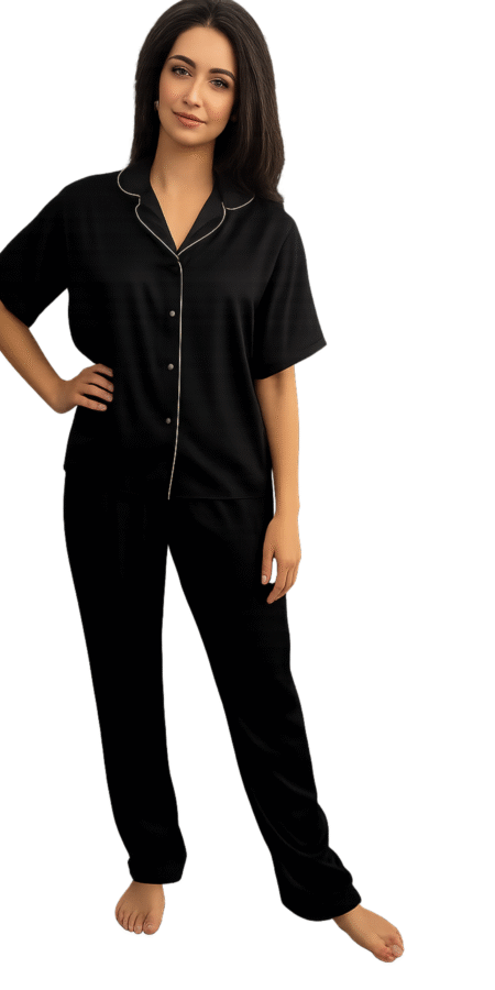 Women Conversational Black Satin Night Suit