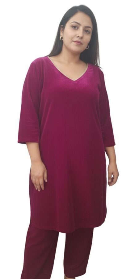 Knee Length Rose Pink Velvet Kurti