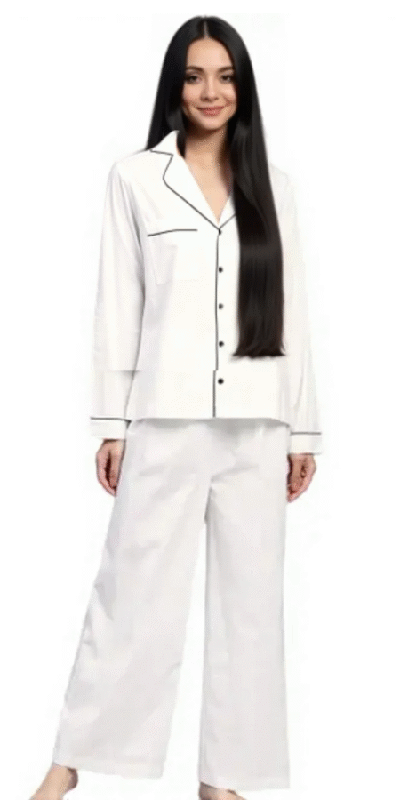 Women Conversational White Satin Night Suit