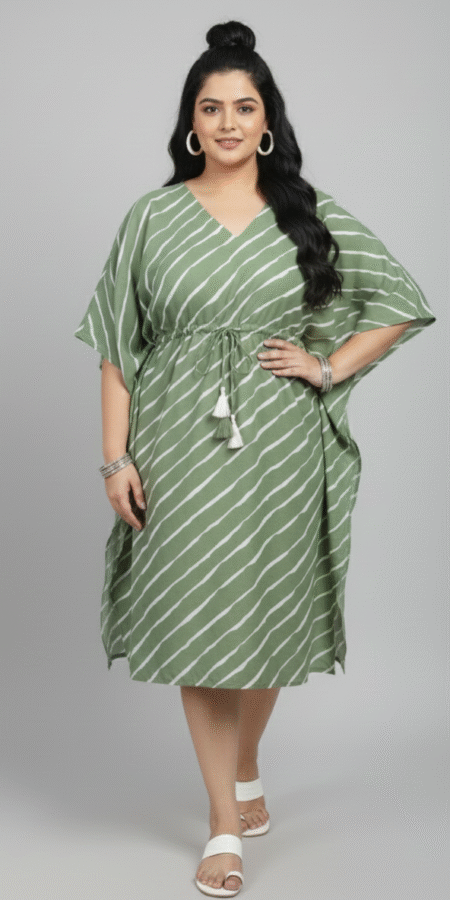 Olive Green Leheriya Kaftan Dress