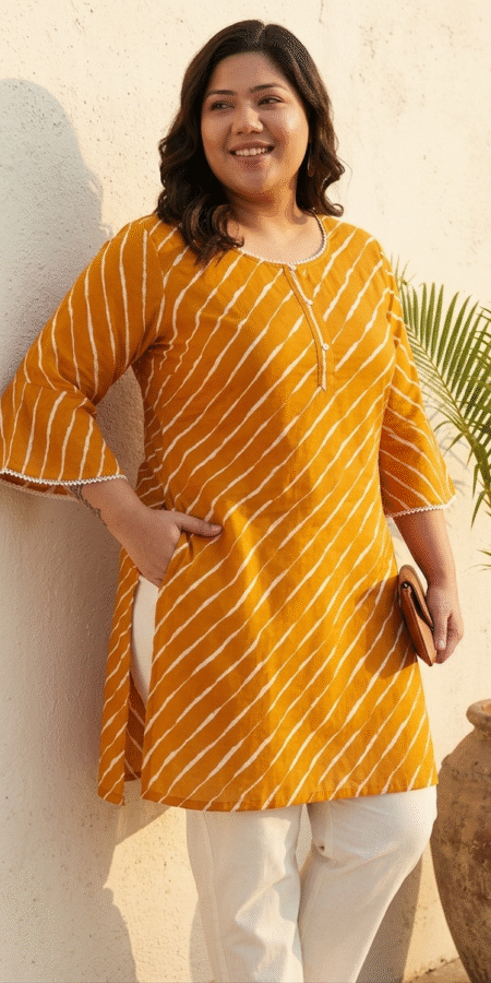 Knee Length Yellow Leheriya Kurti
