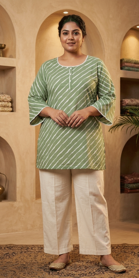 Knee Length Olive Green Leheriya Kurti